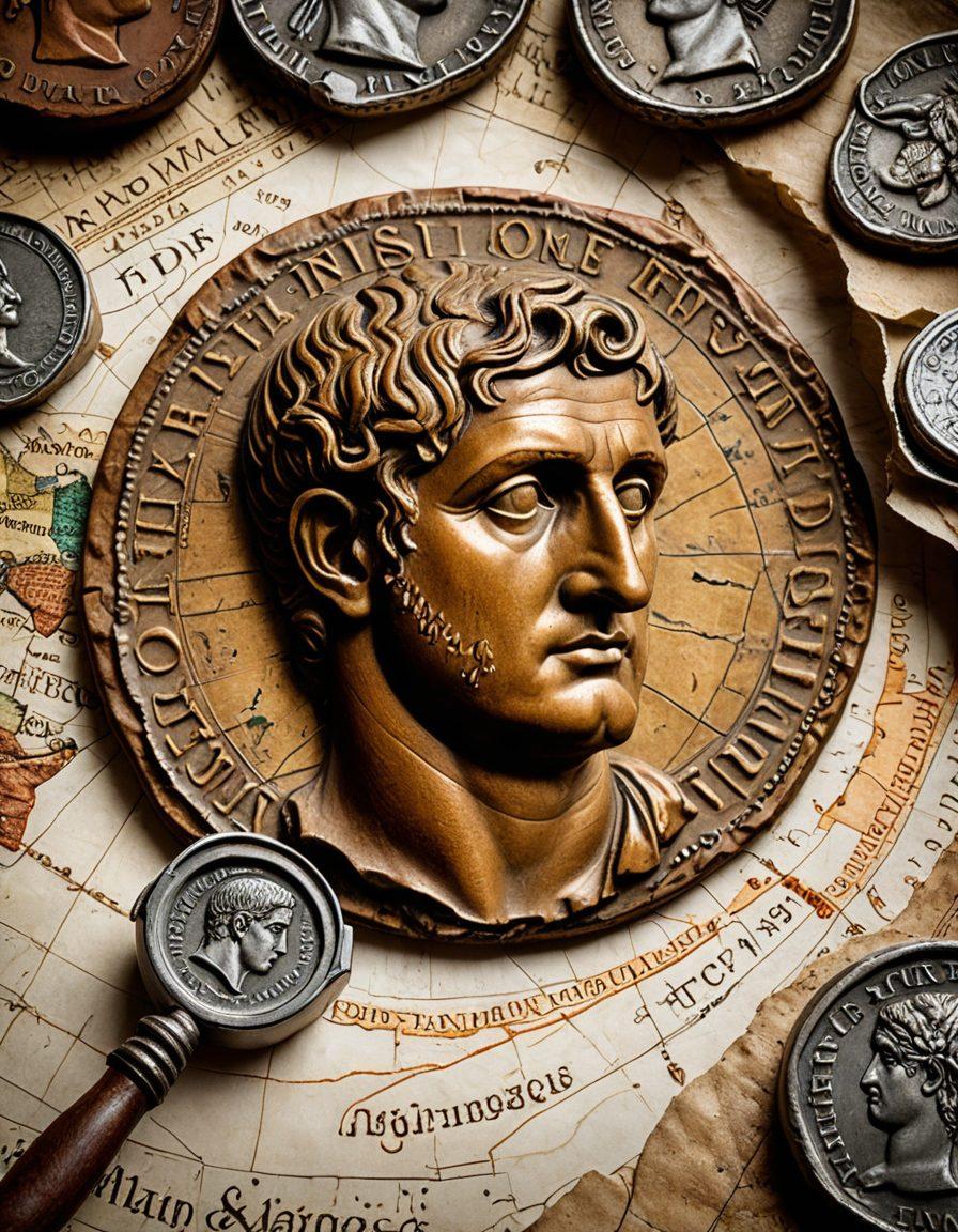 A beautifully detailed antique coin with Trajan's face, surrounded by an assortment of ancient coins from different eras, against a backdrop of an old parchment map with magnifying glasses and note-taking tools. The scene should evoke a sense of historical exploration and discovery. super-realistic. vibrant colors. white background.