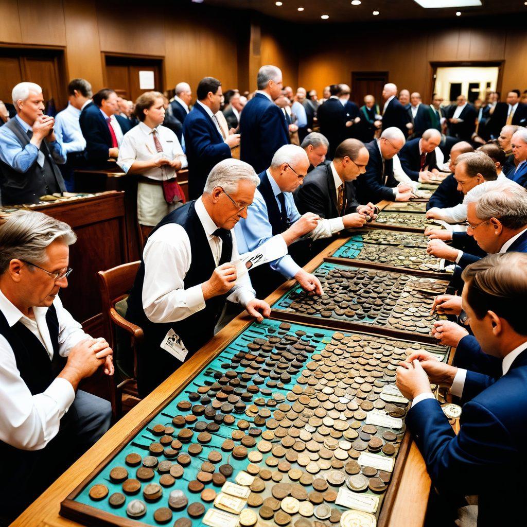 A bustling coin auction with bidders holding paddles, various rare coins magnified in the foreground, a vibrant marketplace scene with traders discussing deals, and an investor analyzing coin charts. Elements like historical coins, market graphs, and trading desks. super-realistic. vibrant colors.
