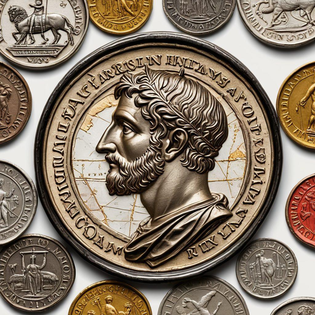 A vibrant collage of coins from different eras, showcasing ancient Roman denarii, medieval European florins, and modern-day commemorative coins, all arranged in a visually appealing circular pattern. Include magnifying glasses, historical maps, and elegant coin display cases in the background to evoke the journey through time. super-realistic. vibrant colors. white background.